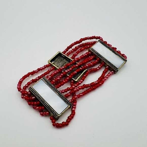 Jewelry - Vintage Red Beaded Stretch Bracelet Mother of Pearl Panels Boho